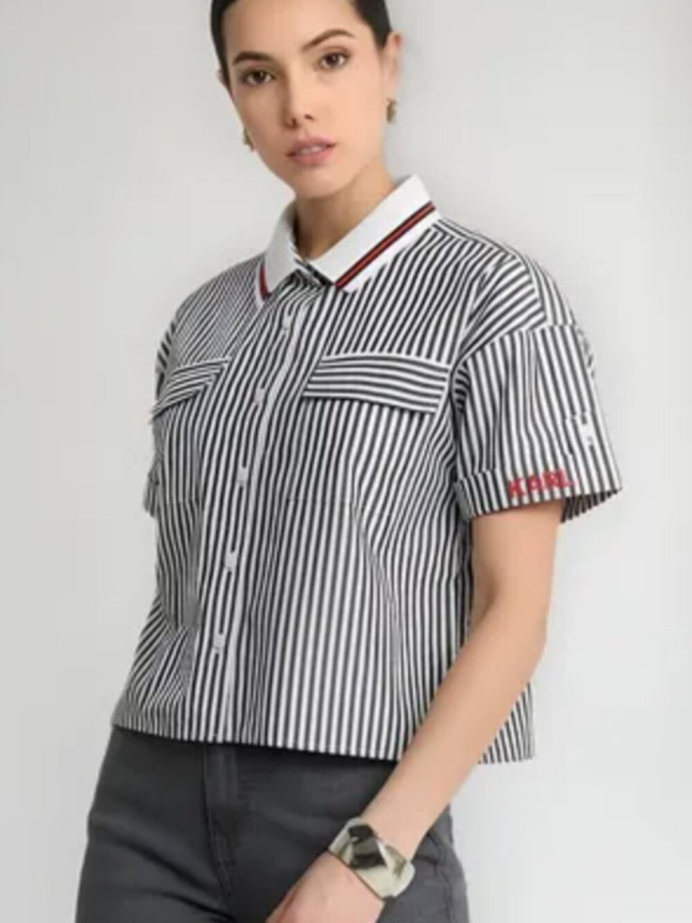 KARL LAGERFELD Paris Striped Button-Up Top Black White Red Sz Medium M